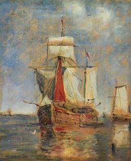 Artists Unknown, (19th/20th Century), A Pair of Works Sailing Ships in Harbor and Moorland Landscape