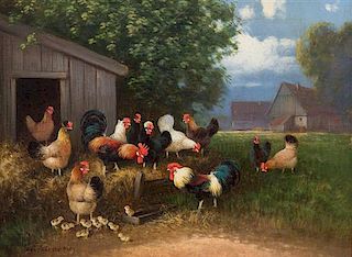 Artist Unknown, (20th Century), Chickens in Barnyard