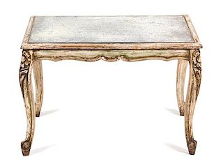 A Louis XV Style Mirrored Top Carved Wood Coffee Table Height 17 1/2 x width 26 x depth 18 1/4 inches.