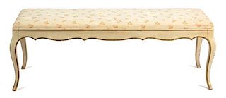 A Louis XV Style Painted Bench with Upholstered Seat Height 17 x length 50 1/4 inches.