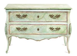 A Louis XV Style Faux Painted Bombe Chest of Drawers Height 33 3/4 x width 48 x depth 21 inches.