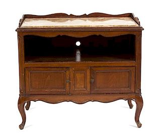 A French Provincial Style Marble Top Bedside Cabinet Height 29 1/2 x width 33 1/2 x depth 19 inches.