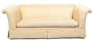A Pair of Contemporary White Silk Damask Upholstered Sofas Height 31 1/2 x width 82 x depth 36 1/2 inches.