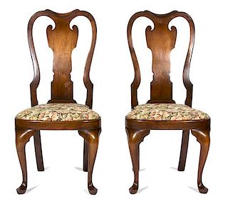 Two Queen Anne Style Mahogany Side Chairs and a Chippendale Style Footstool Height of chair 40 1/2 inches.