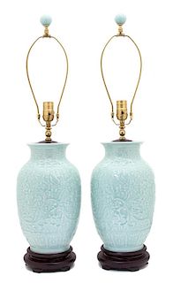 A Pair of Chinese Celadon Glazed Porcelain Vases Height 30 inches.