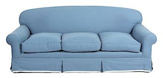 A Contemporary Blue Linen Upholstered Sofa Height 35 x width 80 x depth 33 inches.