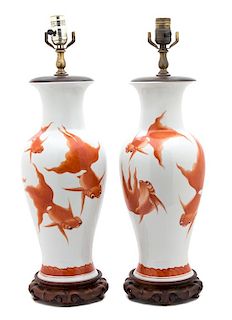 A Pair of Contemporary Porcelain Lamps Height of vase, 16 1/2 inches.