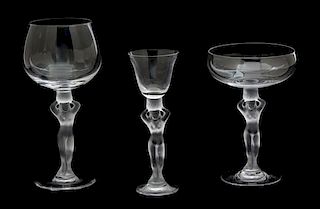 A Set of Eighteen Lalique Style Molded and Frosted Stemed Glasses Height of tallest 7 1/8 inches.