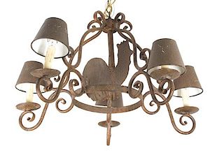 A Wrought Iron Five-Light Chandelier Height 19 1/2 x diameter 30 inches.