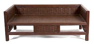 A Suite of Contemporary Brown Wicker and Stained Wood Outdoor Furniture Table, Height 19 1/2 x length 73 x depth 44 1/2 inches.