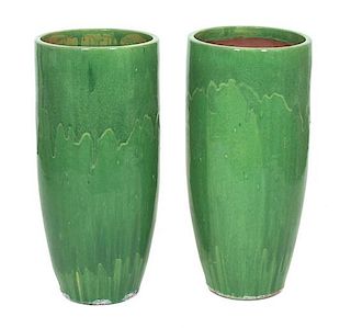A Pair of Green Glazed Ceramic Tall Ovoid-Form Pots Height 31 inches.