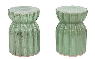 A Pair of Glazed Ceramic Fluted-Form Garden Seats Height 18 1/2 inches.