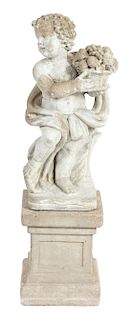 A Garden Statuary Carved Stone Figure of a Cherub Holding a Basket of Fruit Height 40 inches.