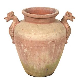 A Pair of Terracotta Garden Urns with Gryphon Handles Height 25 x diameter 18 inches.
