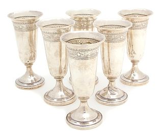 A Group of Six American Weighted Silver Footed Glasses, M. Fred Hirsch, Jersey City, NJ, having flared rim with chased band of f