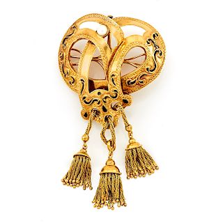 18k Yellow gold, black enamel & pearl Victorian tassel brooch