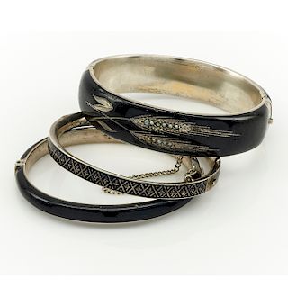 Lot of three sterling silver Victorian black enamel hinged bangle bracelets