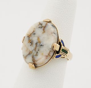 14k Yellow gold & gold quartz ring with inlaid shoulders