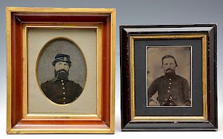 2 Civil War painted whole plate tintypes, Union soldiers