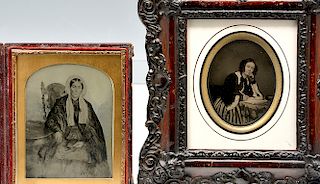 2 mid-19th century ambrotypes, women with books
