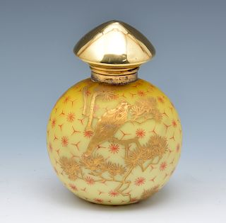 Thomas Webb yellow satin gold & red enamel decorated perfume bottle