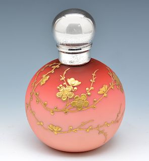 Thomas Webb peach blow gilt decorated perfume bottle