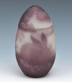 Galle lavender cameo glass egg-form jar with rabbit