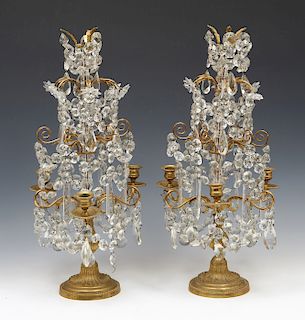 Pair of crystal and 3 light candelabra, French