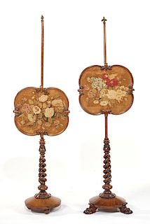 Pair of English style floral embroidered mahogany fire screens on poles