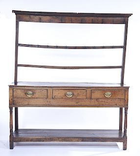 English 18th C. oak dresser with plate rack