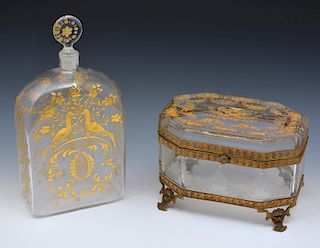 Crystal cut glass decanter and ormolu crystal casket