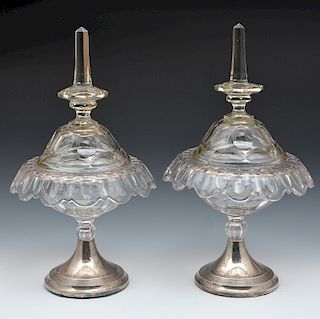 Pair of Dutch silver mounted cut glass lidded sweetmeat compotes