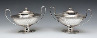 Pair of 1783 Georgian sterling silver covered sauce tureens