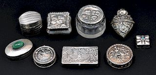 Set of nine small sterling silver boxes
