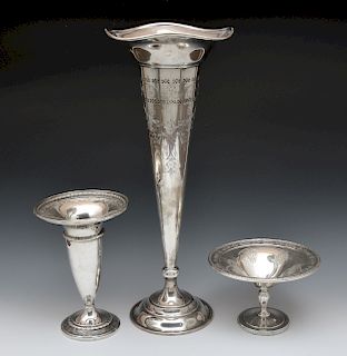 Sterling silver trumpet vase & two footed compotes