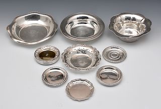 Grouping of sterling silver bowls, nut dishes, and coasters