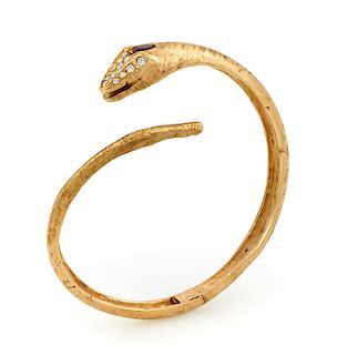 14k Yellow gold, garnet & diamond snake bangle bracelet