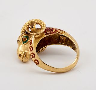 18k Yellow gold enameled ram's head Aries ring