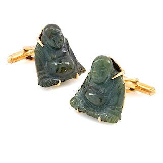 14k Yellow gold & jade buddha cufflinks