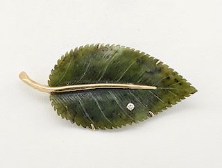 14k Yellow gold, diamond & carved jade leaf brooch