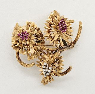 "Shreve & Co." 18k Yellow gold flower brooch with rubies & diamonds