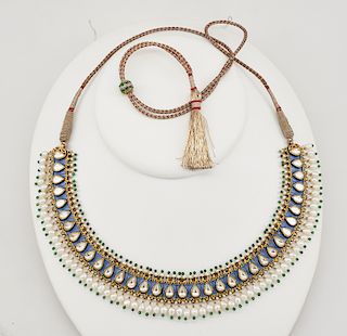 Indian Mughal necklace, enameled 22k gold clad with pearl fringe