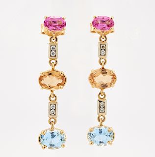 14k Yellow gold, aquamarine, citrine, pink tourmaline & diamond earrings