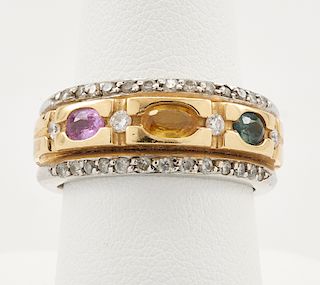 18k Two tone gold ring with diamonds & three colored sapphires