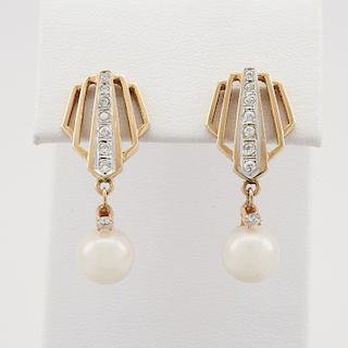 14k Yellow gold, pearl & diamond Art Deco style earrings