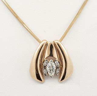 14k Yellow gold pendant on chain with 0.75ct marquis-cut diamond