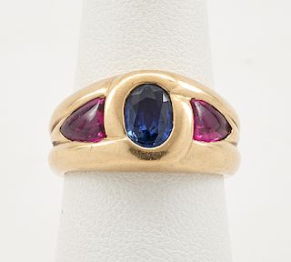 18k Yellow gold, sapphire & ruby ring