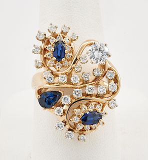 14k Yellow gold, diamond & sapphire cocktail ring