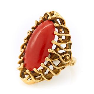 18k Yellow gold & red coral Brutalist style ring
