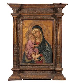 Madonna and Child in early 18th c. frame, oil on mason.